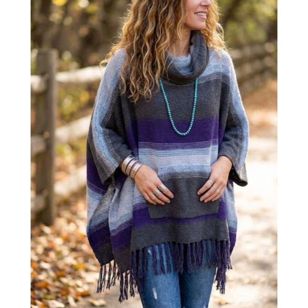 Free People Striped Cowl Neck Fringe Poncho Sweater Cape Gray Purple OS Boho
